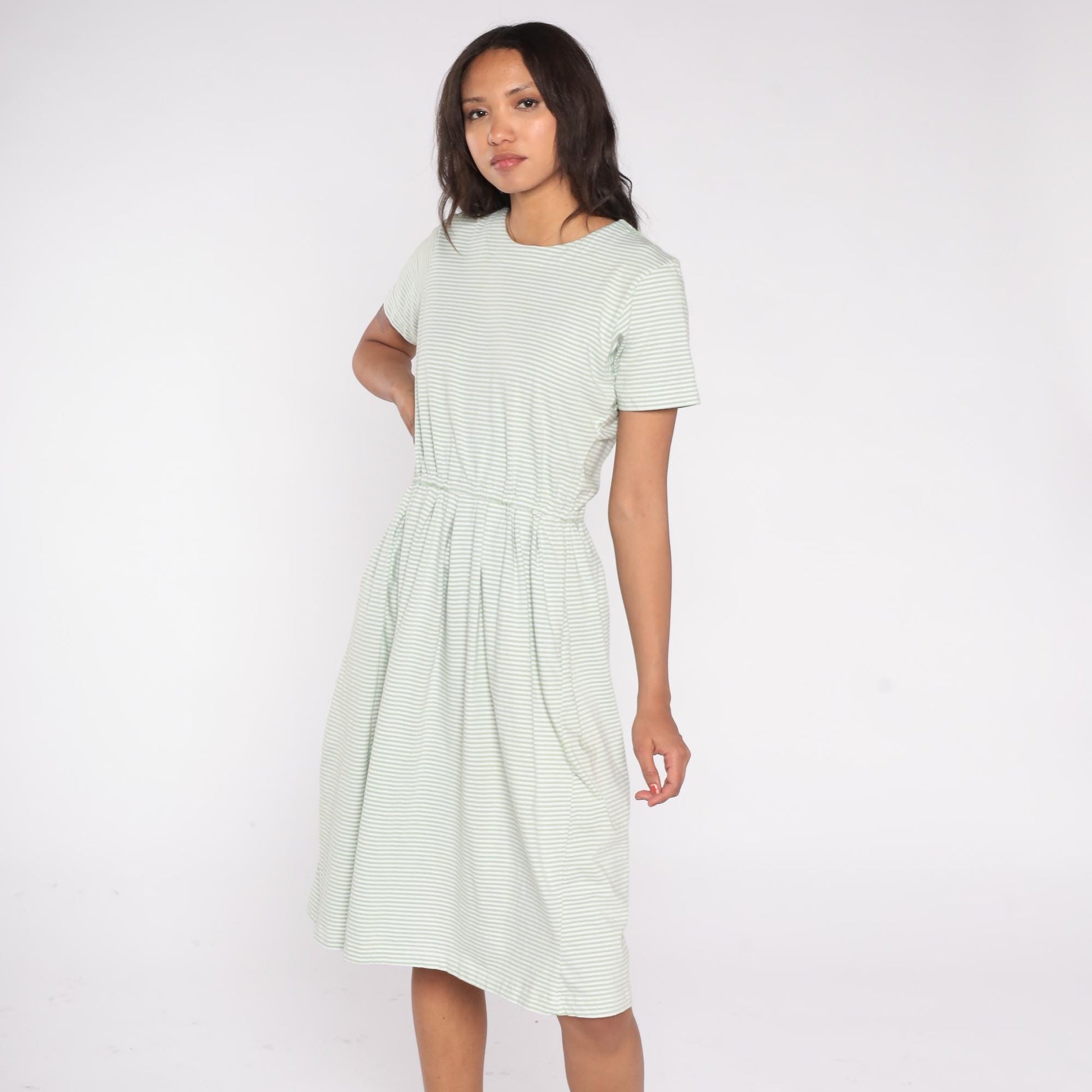 80s Herman Geist Mint Striped Cotton Dress Elastic Waist Button Back Small