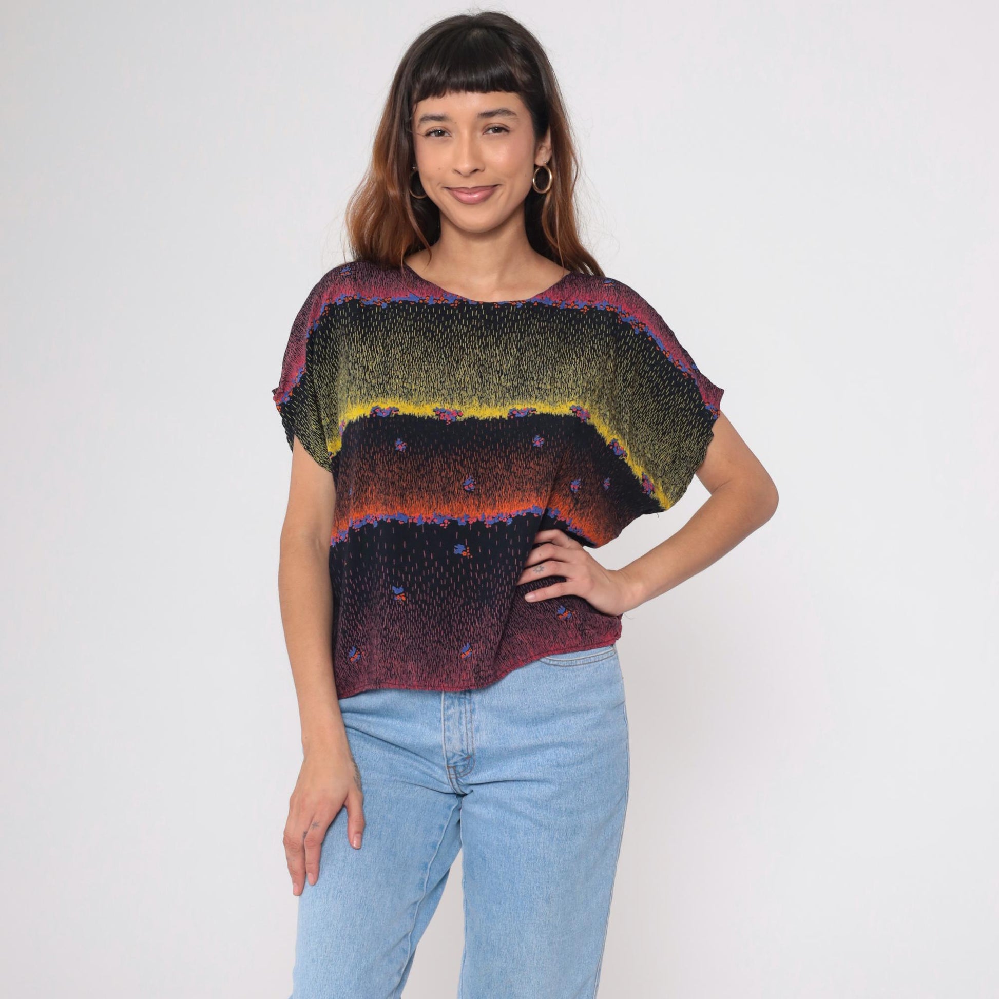 90s Abstract Multicolor Rayon Blouse Short Dolman Sleeves Small Medium