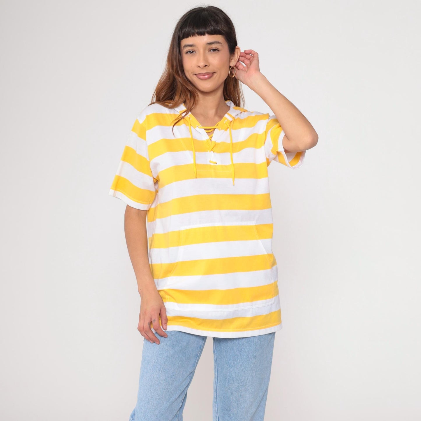90s Yellow White Striped Short Sleeve Hooded Shirt Lace-Up V-Neck Small