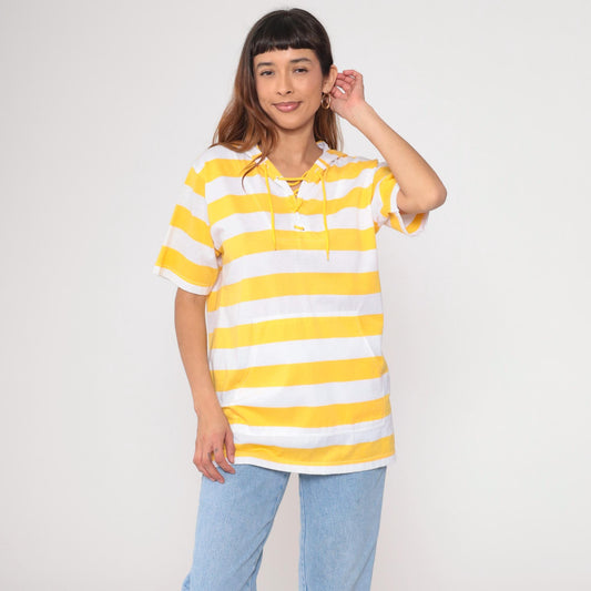 90s Yellow White Striped Short Sleeve Hooded Shirt Lace-Up V-Neck Small