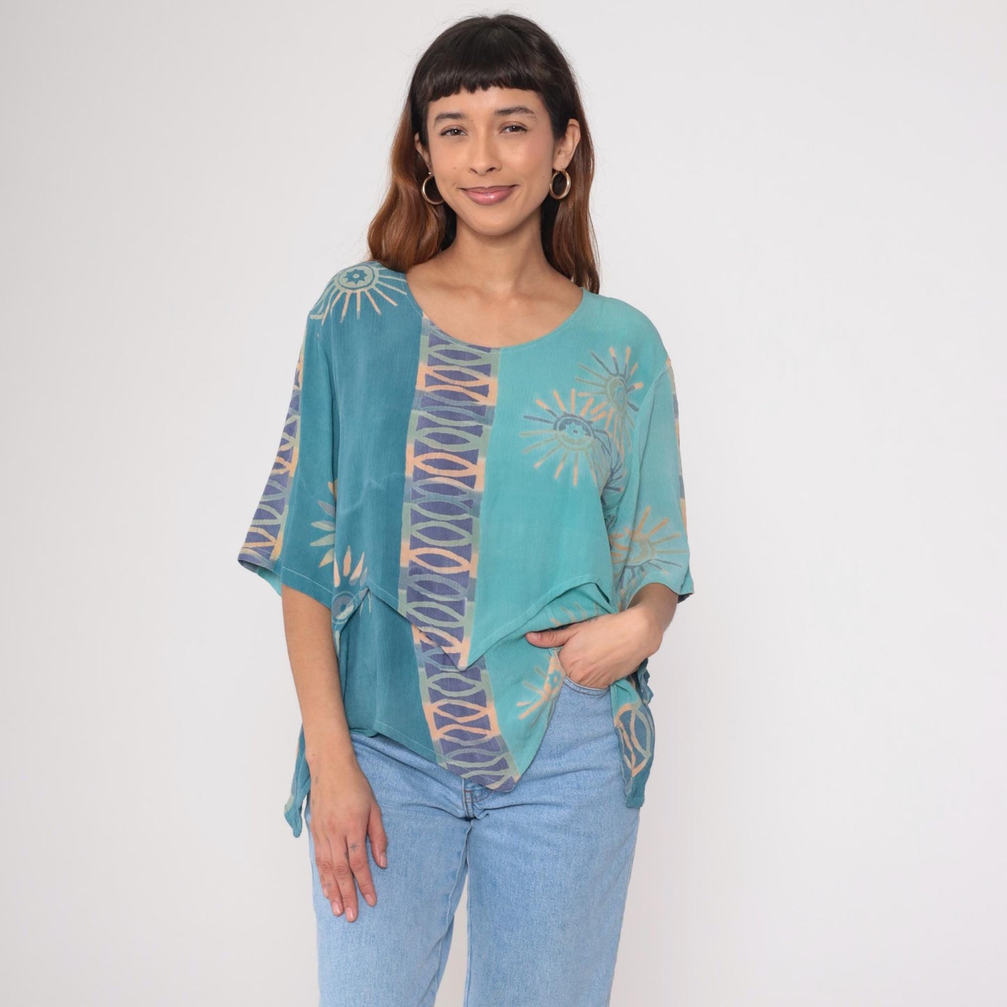 Y2K Silver Stream Teal Sun Print Asymmetric Layered Blouse Extra Large XL
