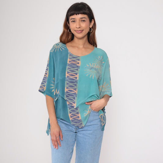 Y2K Silver Stream Teal Sun Print Asymmetric Layered Blouse Extra Large XL