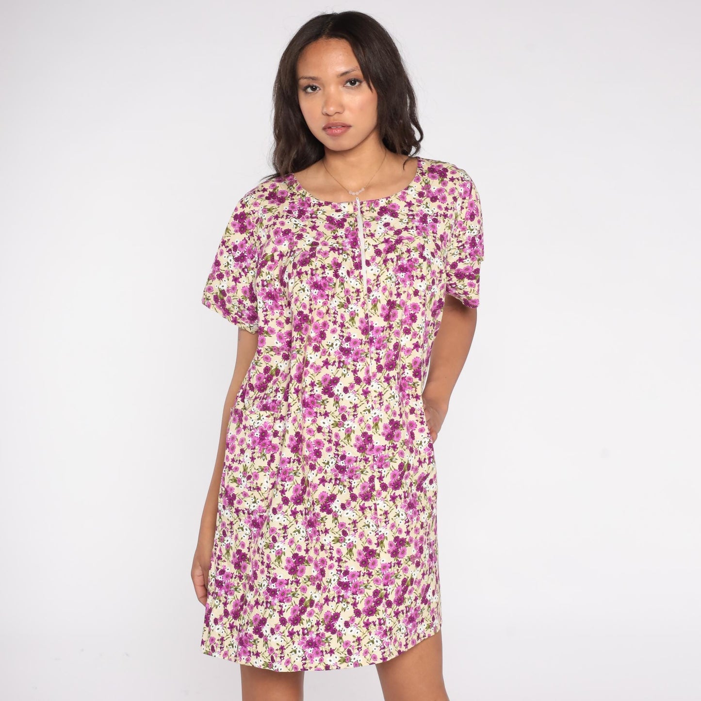90s JTP Ditsy Floral Zip Front Dress Purple Rayon Knee Length Medium Large