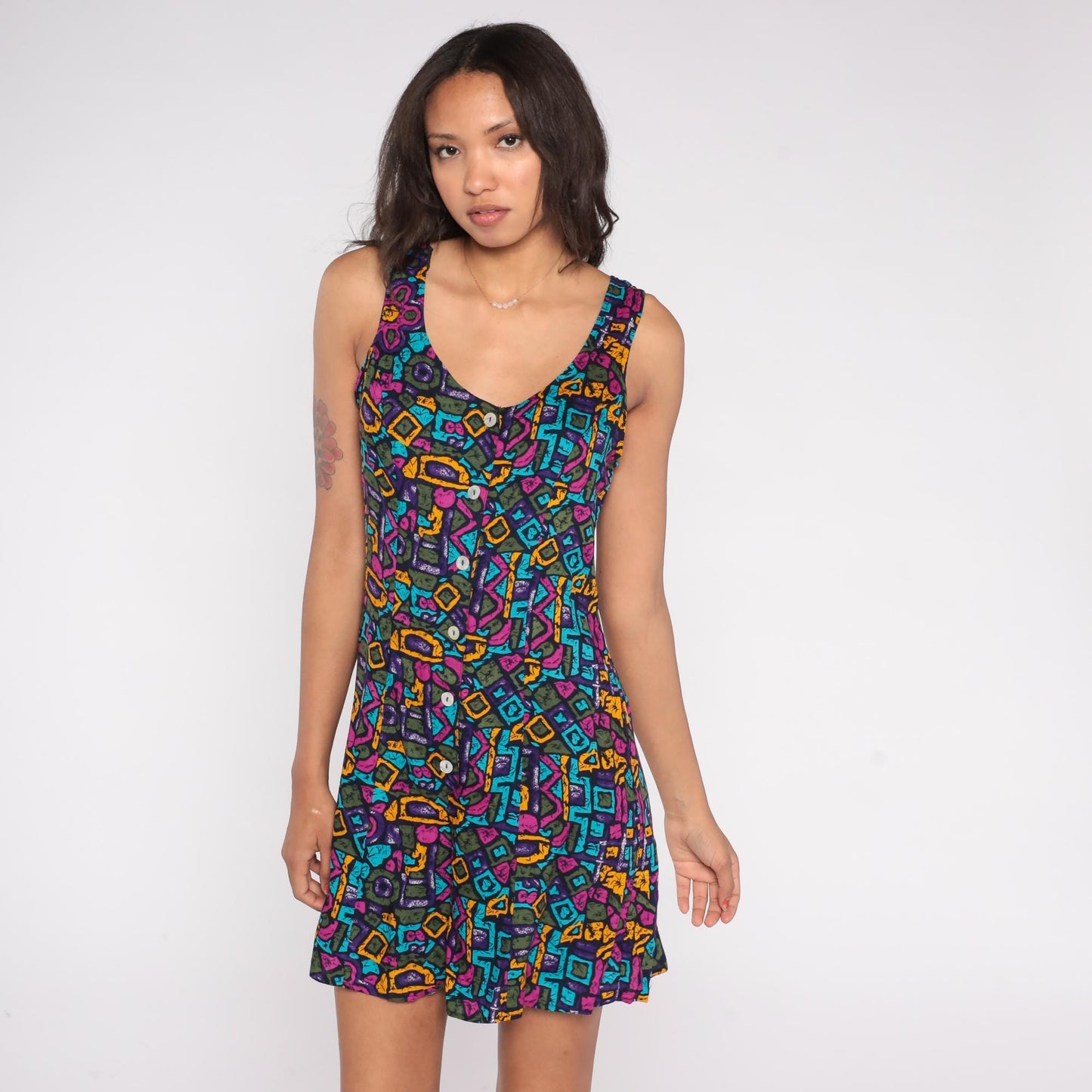 90s Gabriella Abstract Geometric Romper Black Multicolor Rayon Medium M