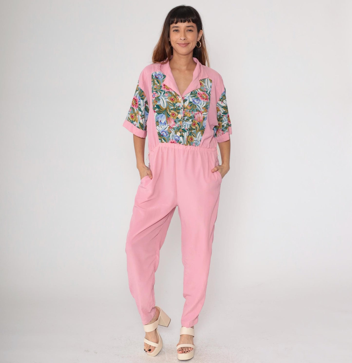 90s Pink Floral Jumpsuit Adolfo II Button Up Collared Tapered Medium