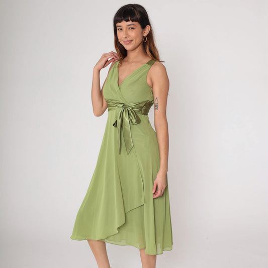Y2K Green Satin Wrap Midi Dress V-Neck Chiffon Overlay Jones Studio Small