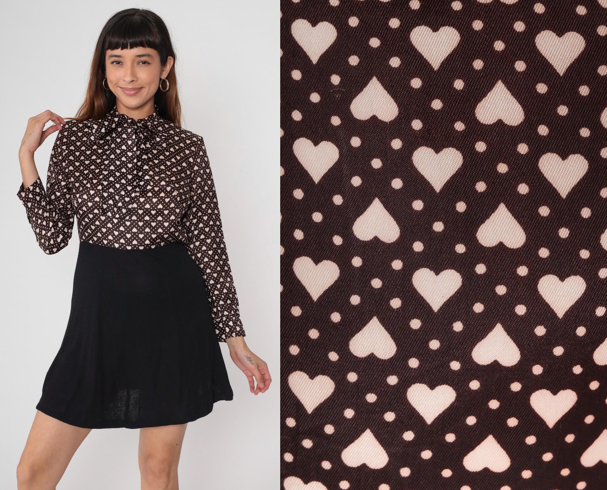 60s Heart Print Mini Dress Brown Pink Mock Neck Long Sleeve Medium M