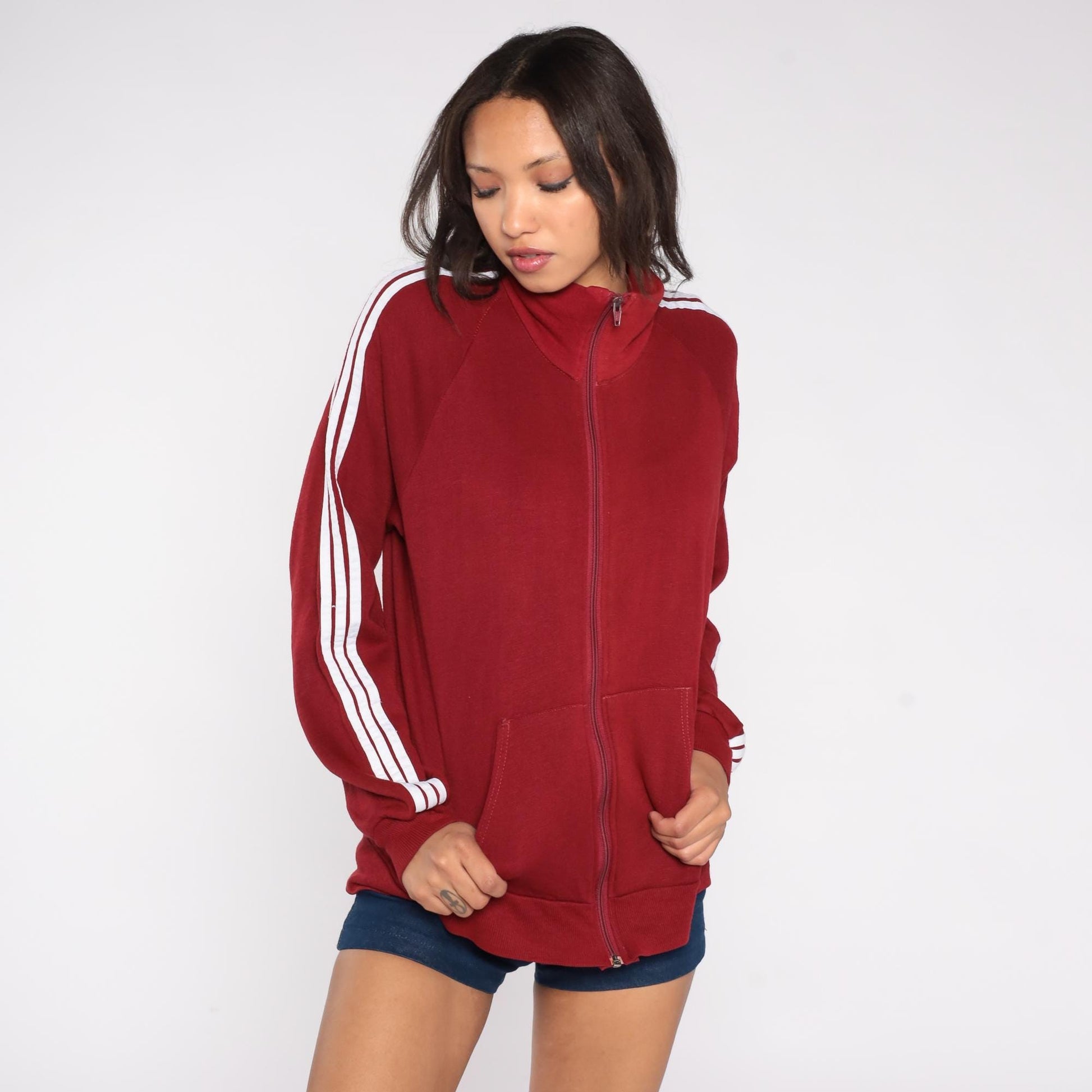80s Red Track Jacket White Stripe Zip Front Raglan High Collar Large L