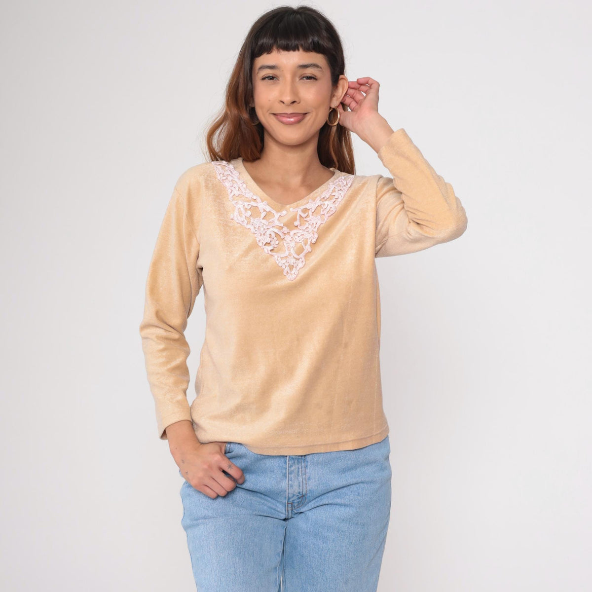 70s Cream Lace Appliqué Pullover Sweater Pink Detail Round Neck Medium M