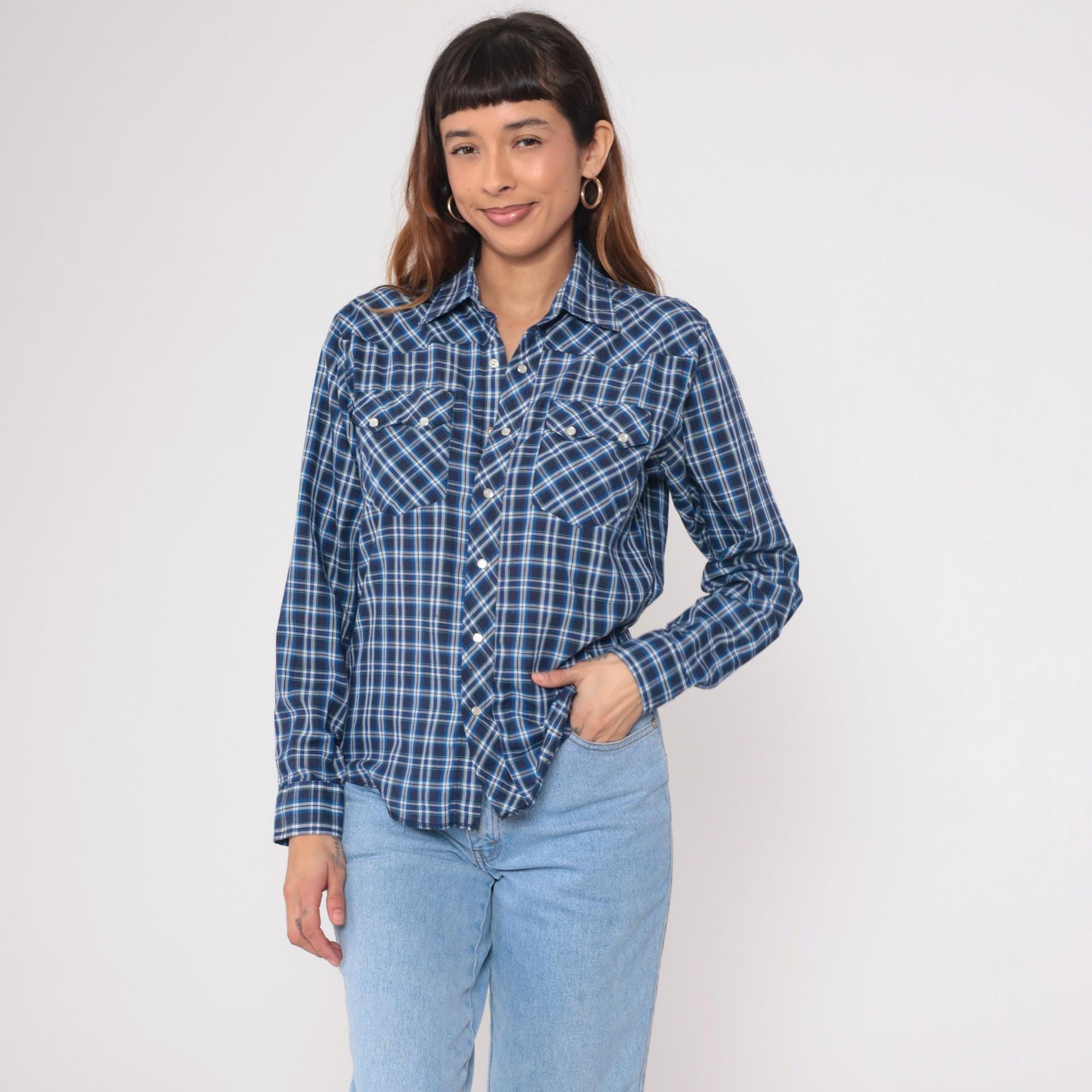 90s Rustler Blue Plaid Flannel Pearl Snap Shirt Medium