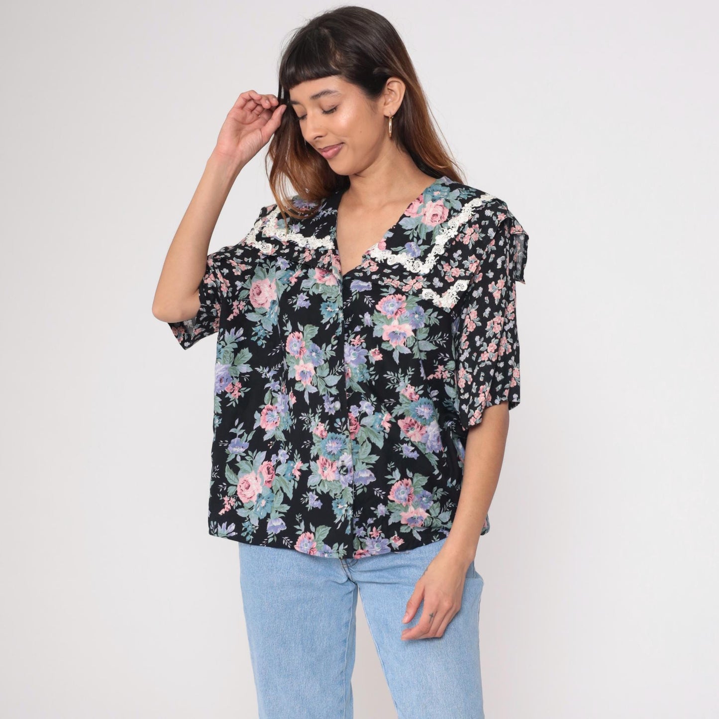 90s Liz Baker Floral Button Up Blouse Black Rayon Pink Purple Flowers Lace Collar Plus Size 20