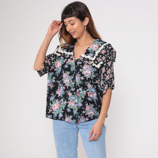 90s Liz Baker Floral Button Up Blouse Black Rayon Pink Purple Flowers Lace Collar Plus Size 20