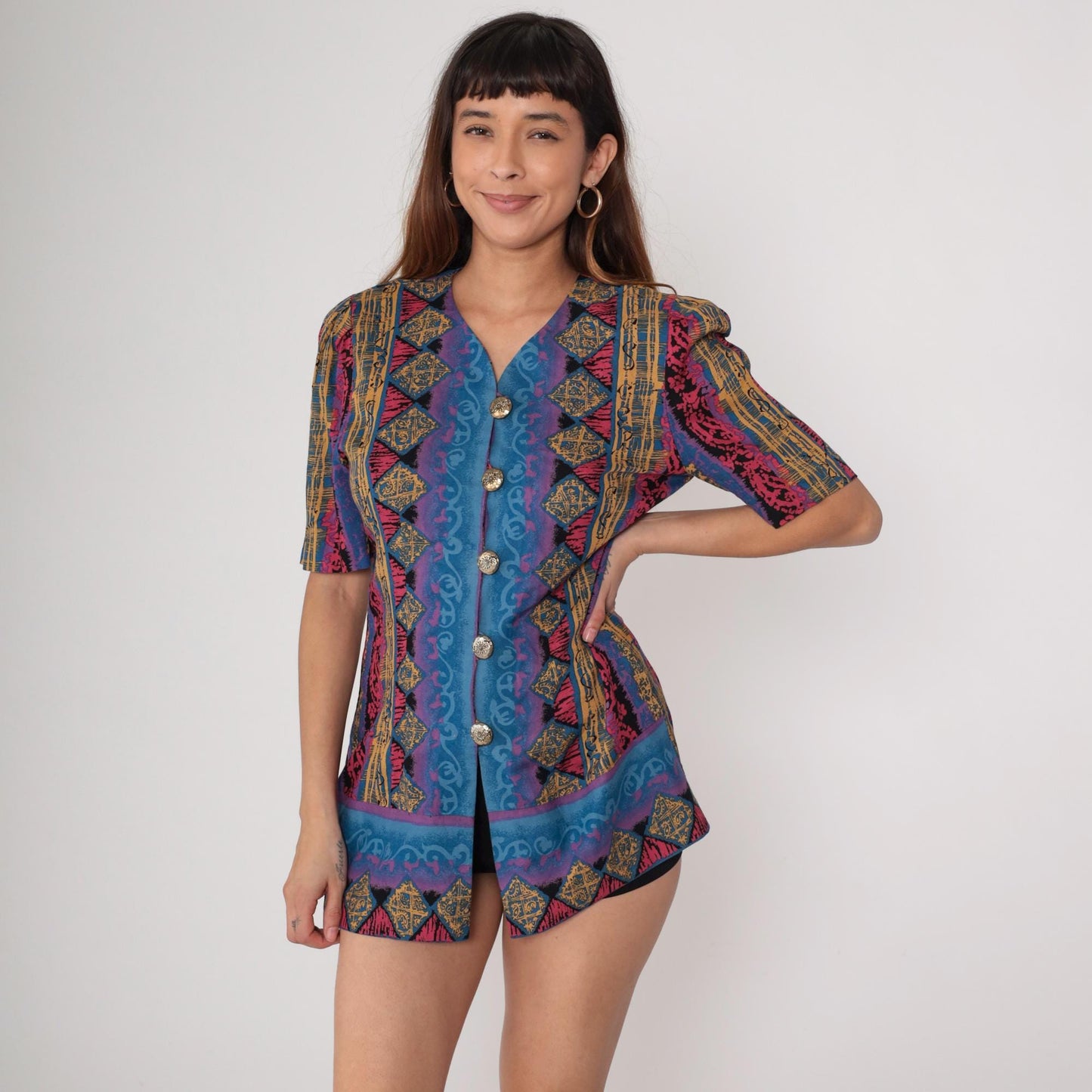 90s Tribal Geometric Mini Dress Blue Pink Gold Button Front Short Sleeve Medium