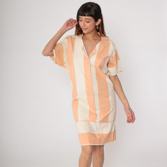 80s Peach Cream Striped Shirt Dress Button Front Collar Cotton Medium