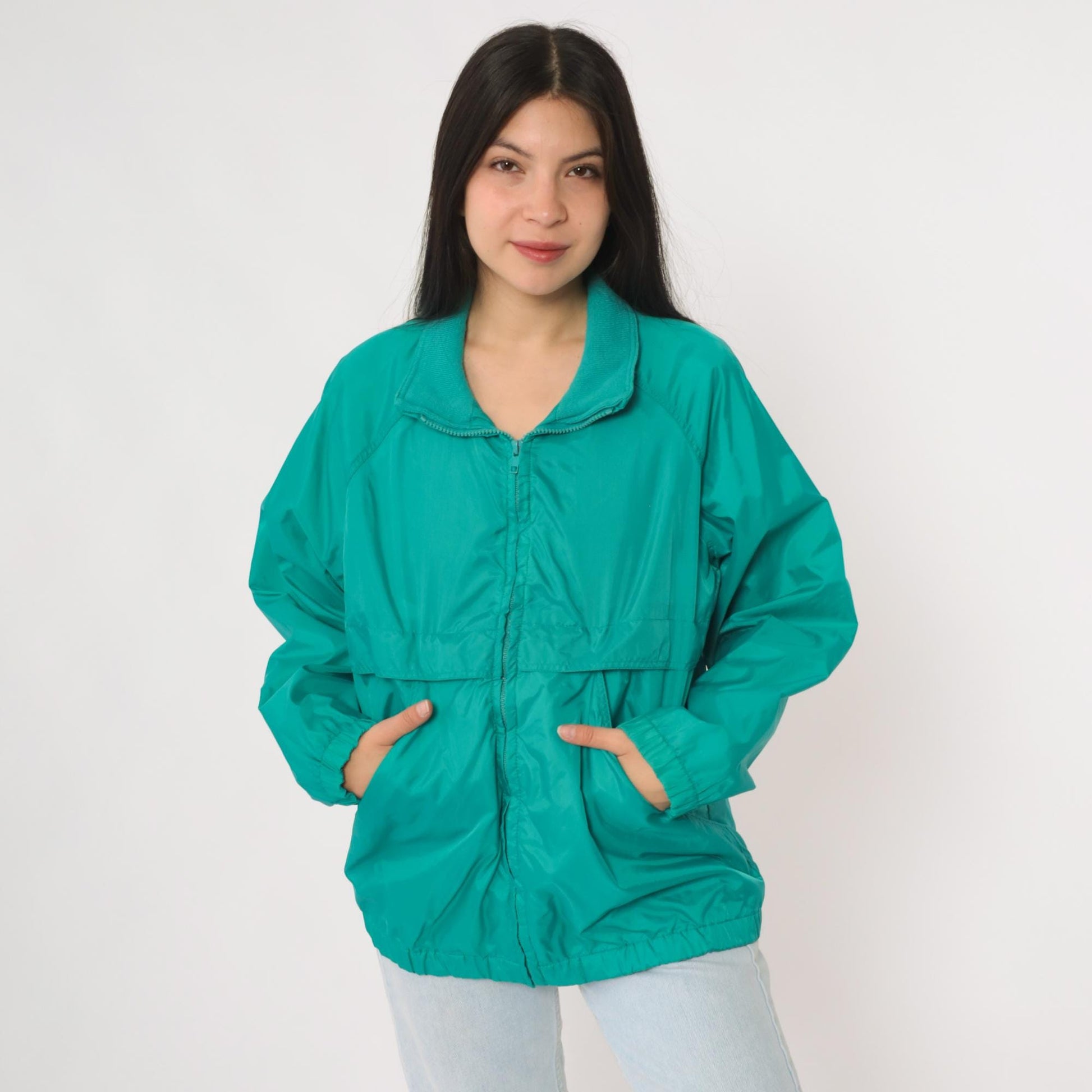 80s Teal Nylon Windbreaker Jacket Raglan Zip Lightweight Medium M