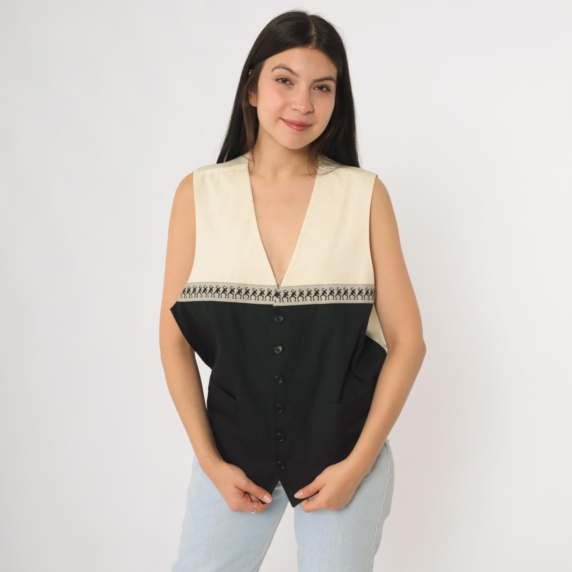90s Moschino Cheap and Chic Vest Black White Colorblock Button Front Medium
