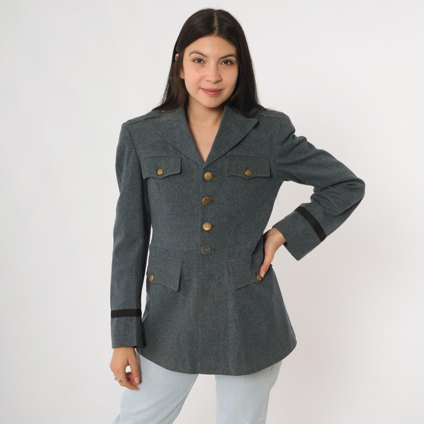 60s Burk & Co Military Academy Wool Blazer Blue-Gray Gold Button XS