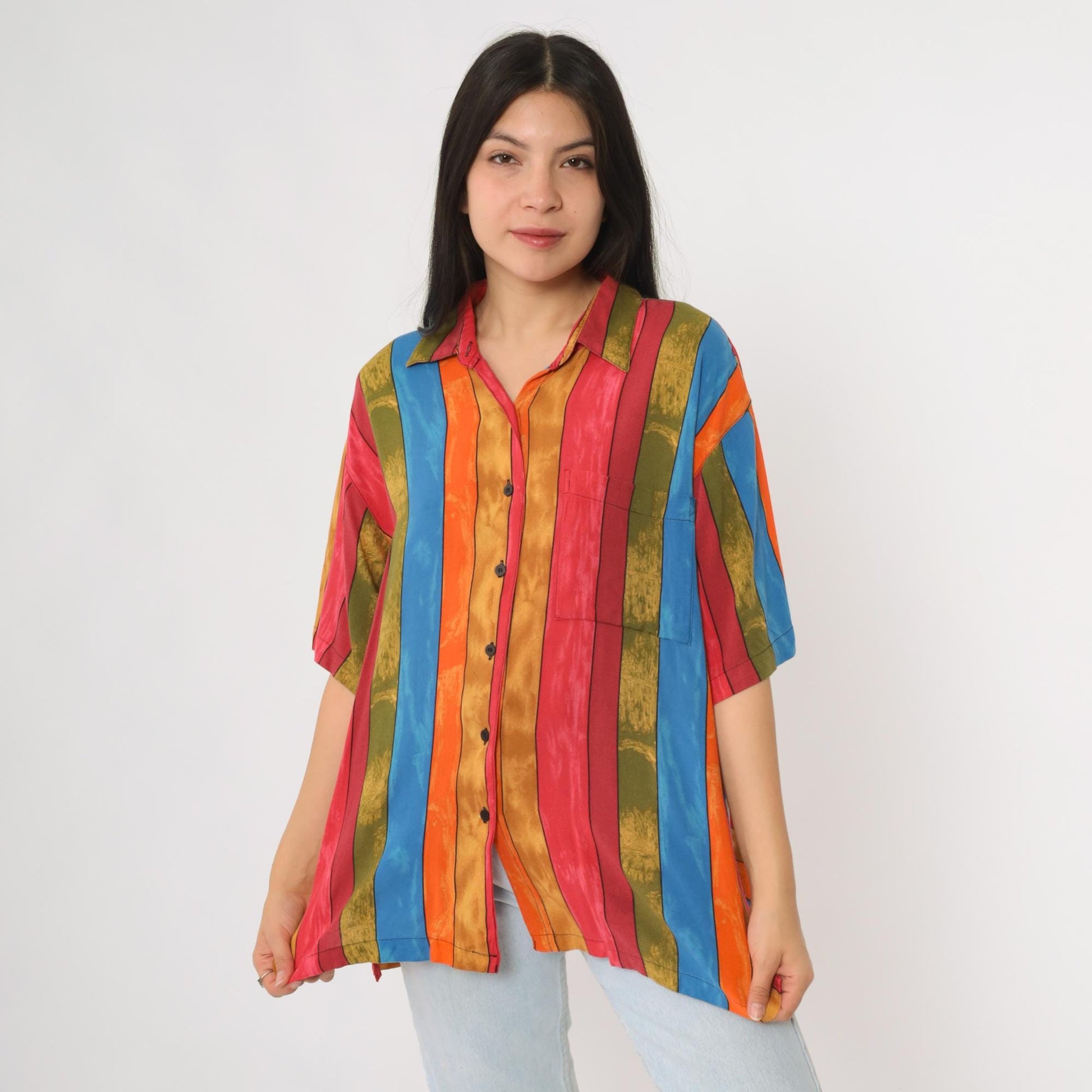 90s First Class Striped Button Down Shirt Rayon Multicolor Short Sleeve Large L
