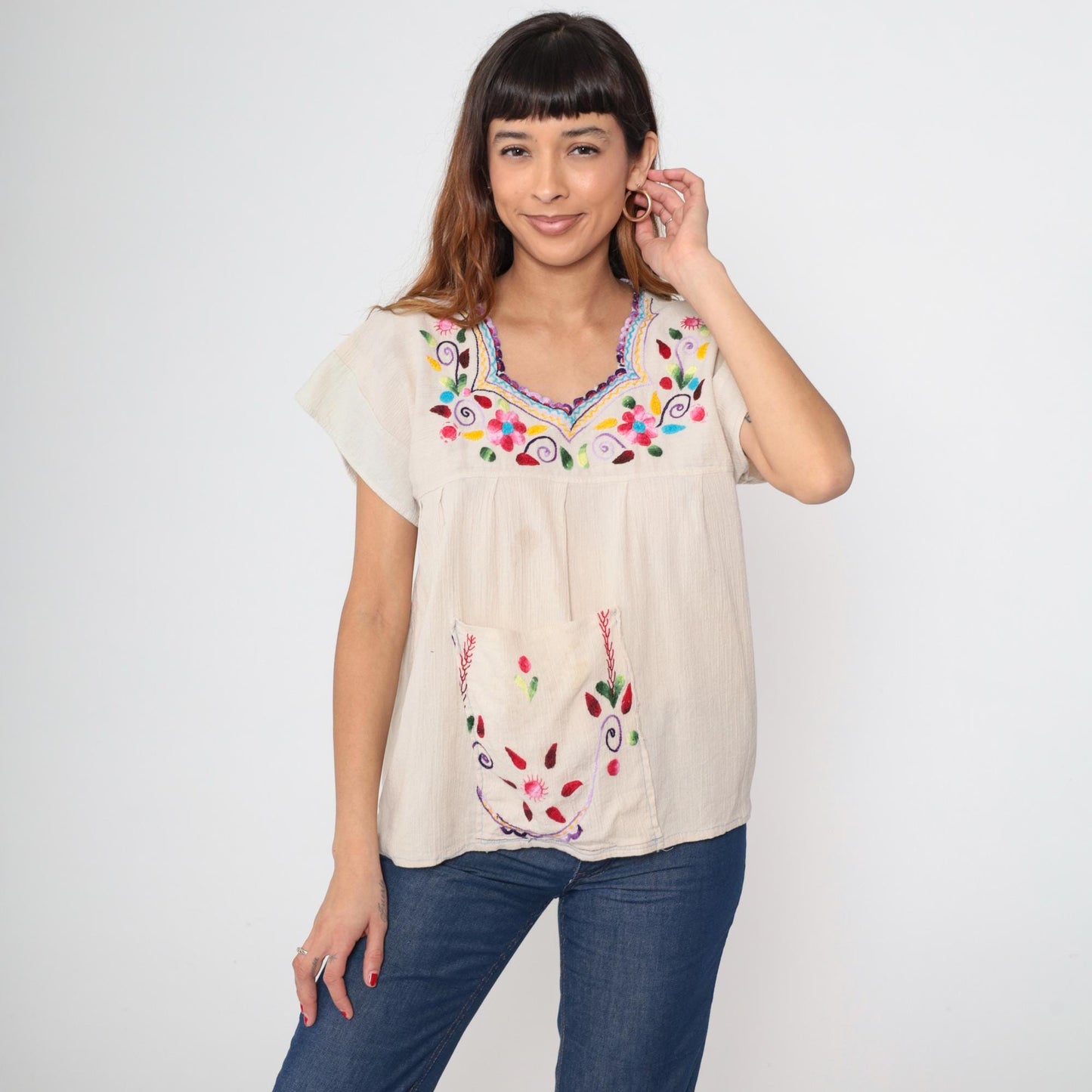 Y2K Mexican Embroidered Floral Cream Cotton Tunic Blouse Cap Sleeve Medium