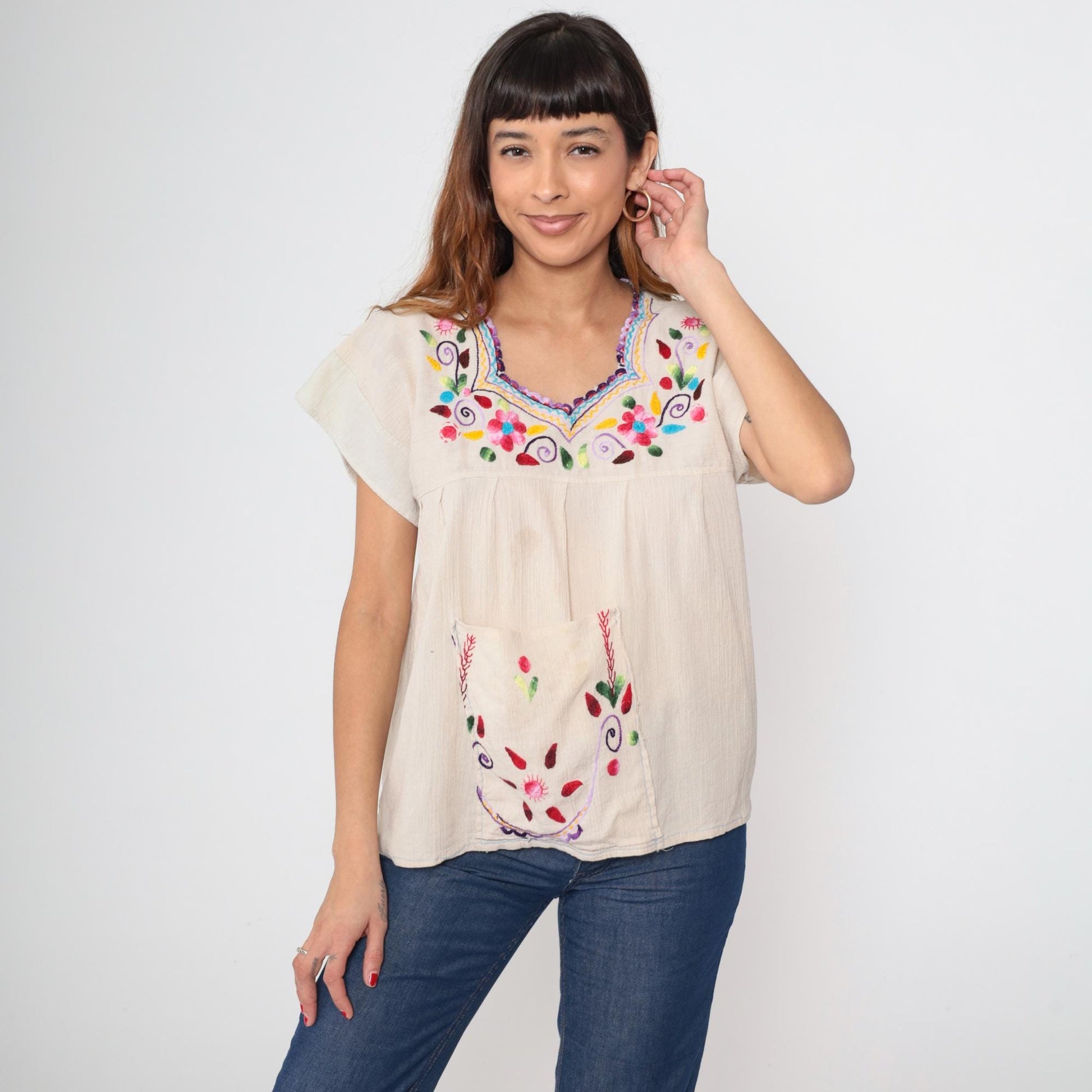 Y2K Mexican Embroidered Floral Cream Cotton Tunic Blouse Cap Sleeve Medium