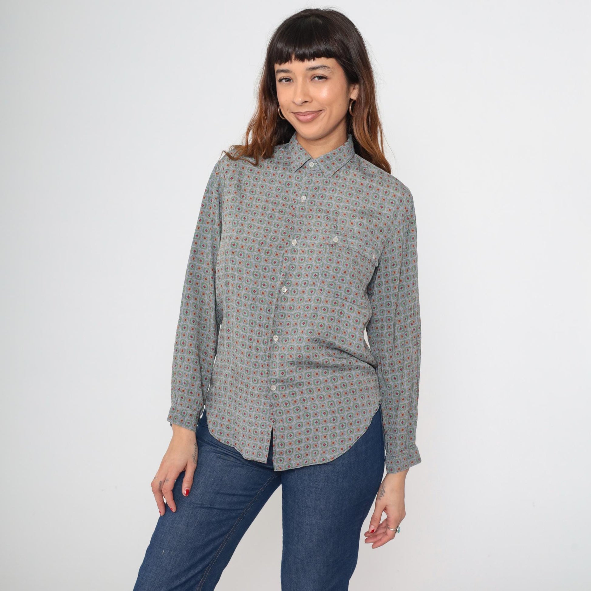 90s Geometric Floral Button Up Blouse Sage Green Red Print Medium