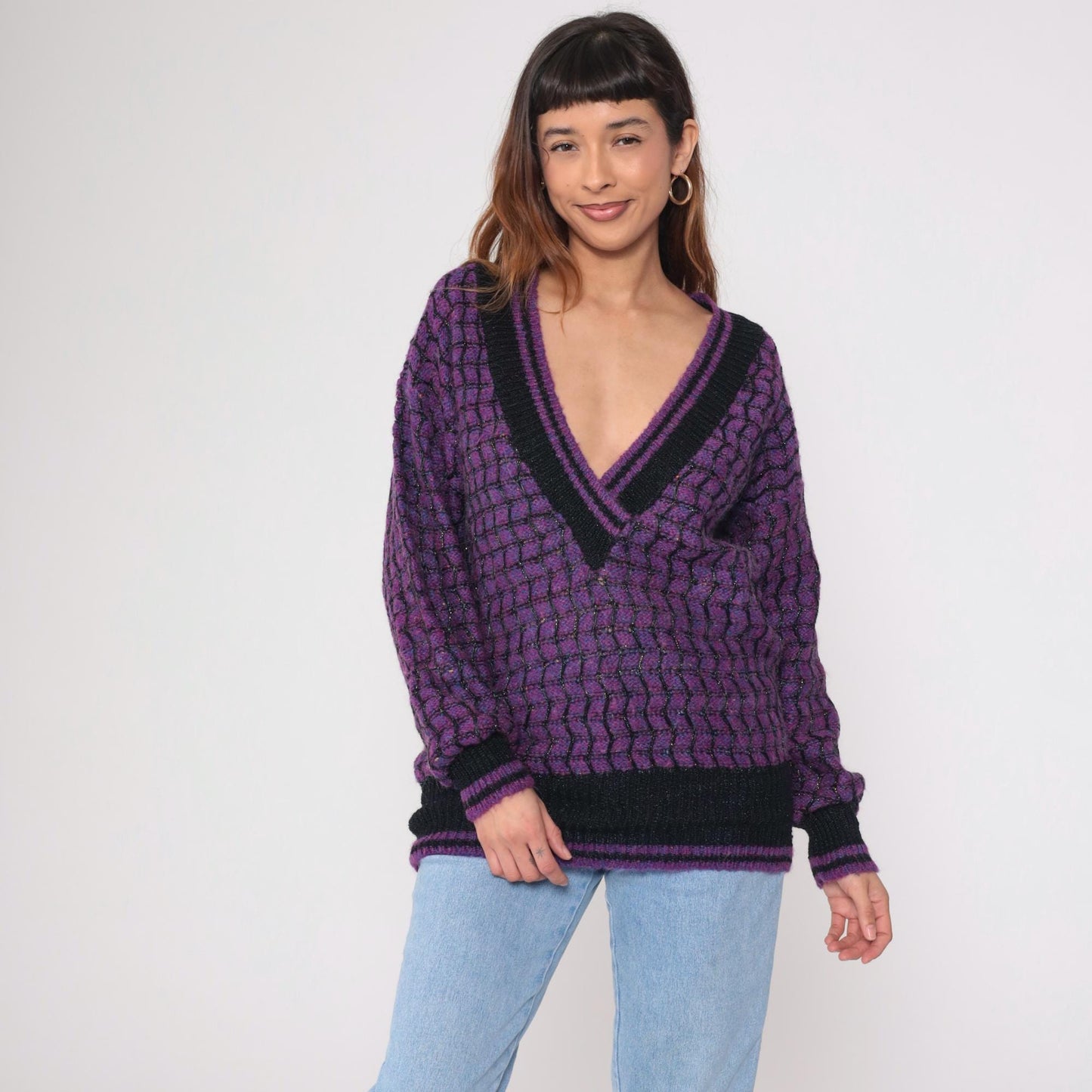 90s Max Bradley Purple Black Deep V Sweater Metallic Knit Large L