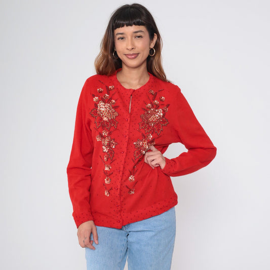 90s Red Beaded Floral Cardigan Wool Angora Blend Button Up Sequin Knitwear Large L
