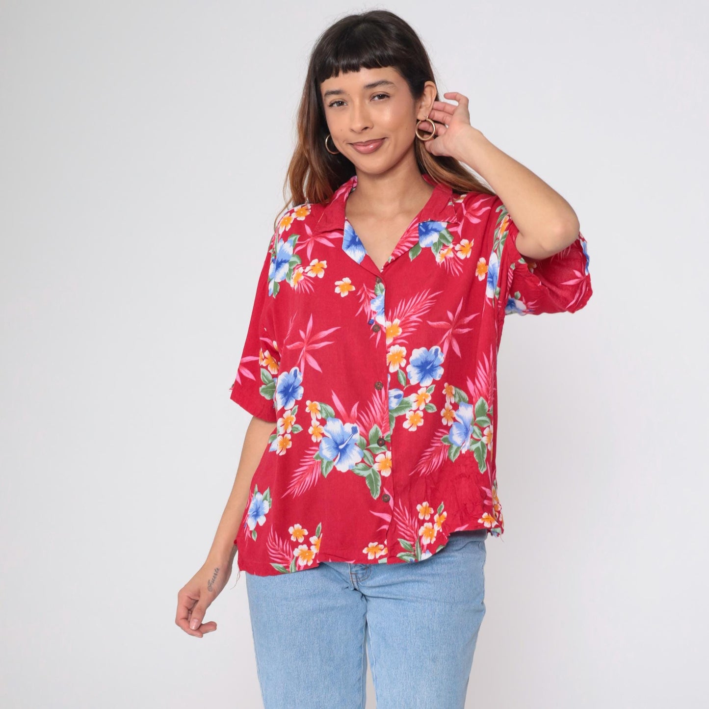 90s Red Tropical Floral Hawaiian Shirt Button-Up Rayon Blouse XL
