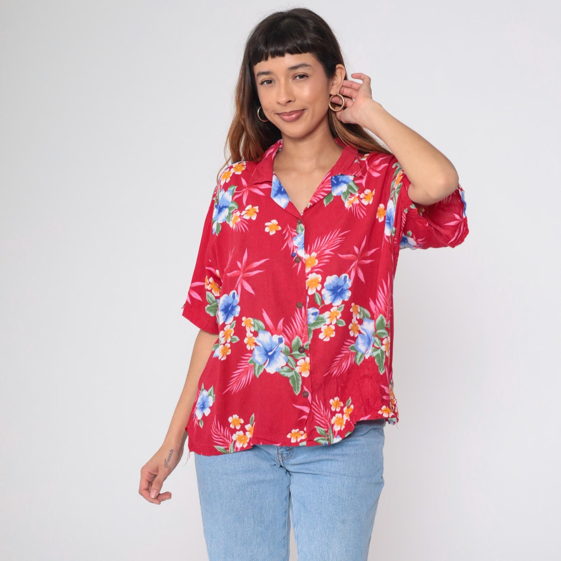 90s Red Tropical Floral Hawaiian Shirt Button-Up Rayon Blouse XL