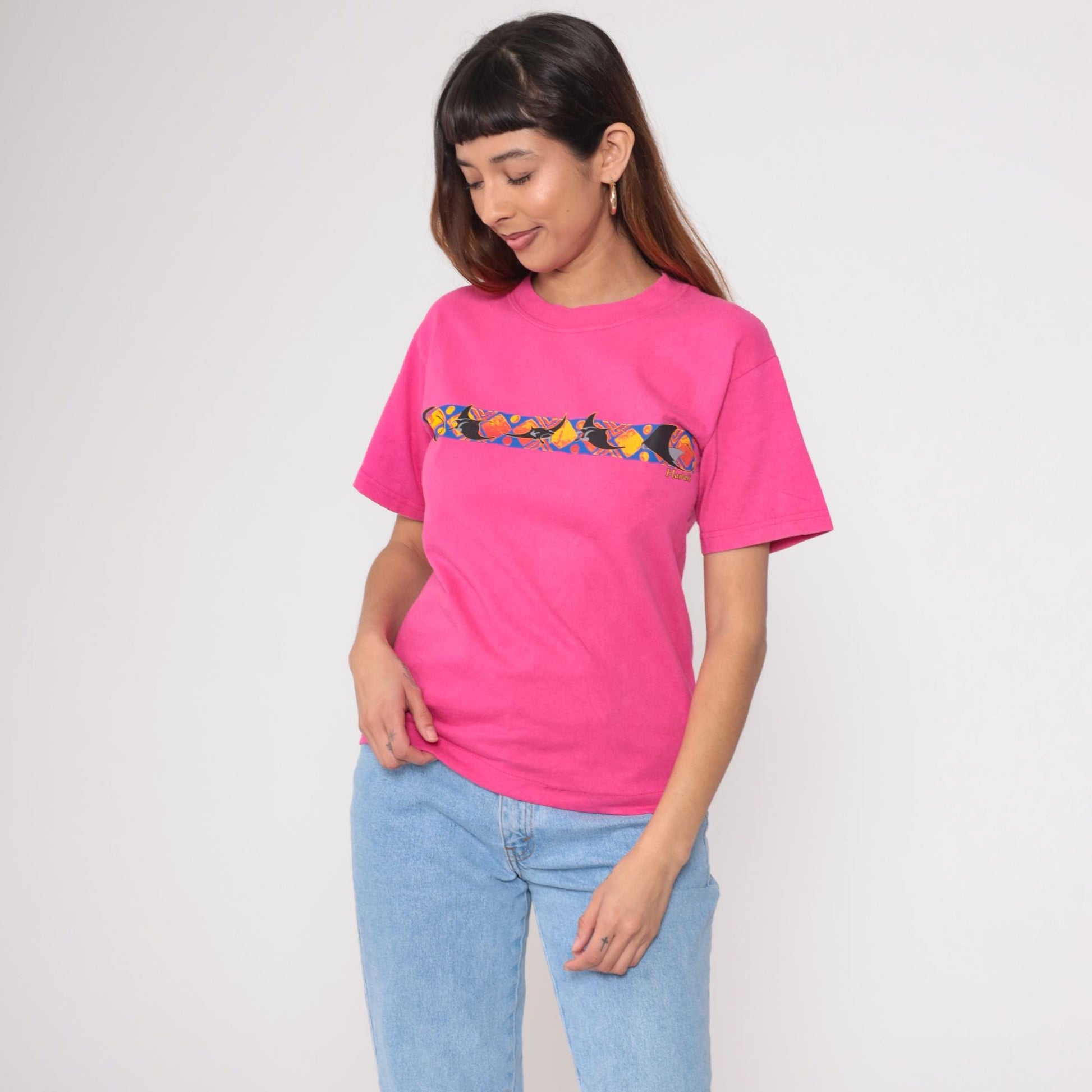 90s Gildan Manta Ray Graphic T-Shirt Hot Pink Cotton Tee Small S