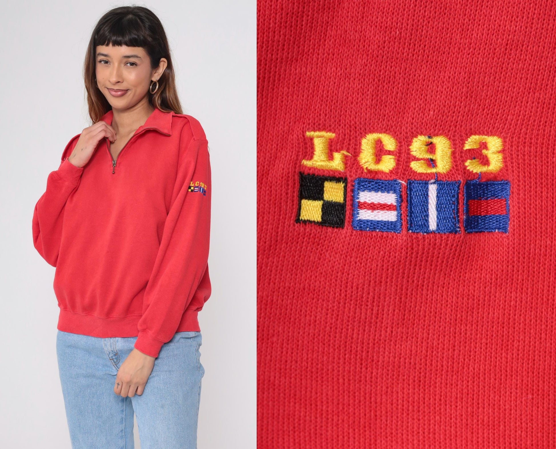 90s Liz Sport Red Quarter Zip Sweatshirt Nautical Flag Embroidery Medium M