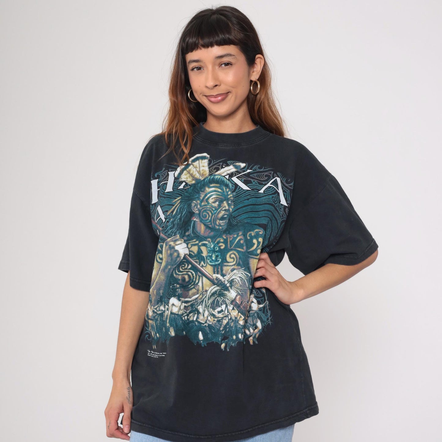 90s Maori Warrior Aotearoa Black Graphic T-Shirt Cotton Taiaha XXL