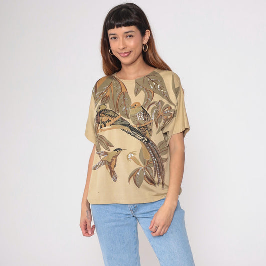 90s Tan Sequined Bird Print Boxy Tee Tropical Foliage Beaded Short Sleeve Large L