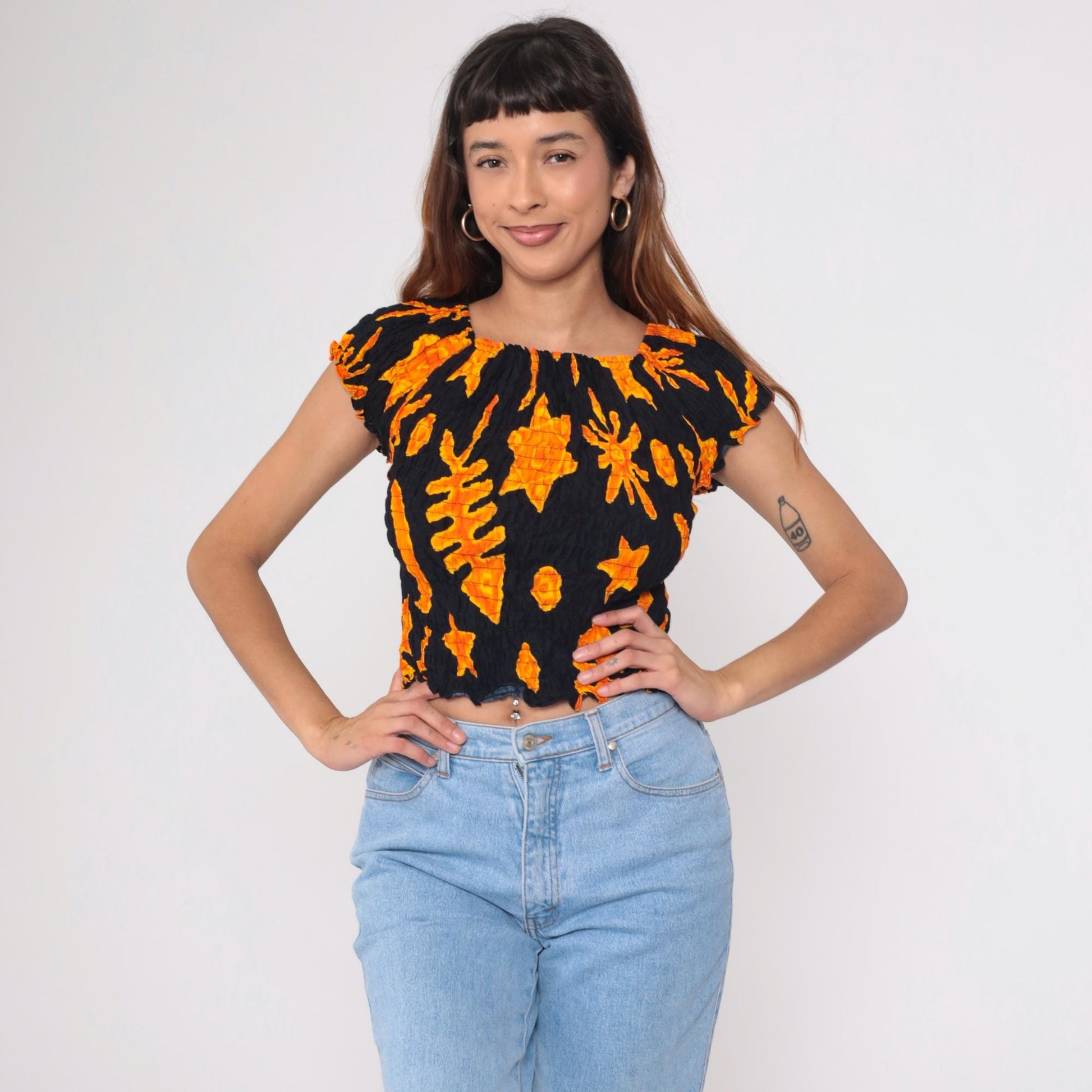Y2K Shore Line Batik Smocked Crop Top Black Orange Cap Sleeve Small Medium