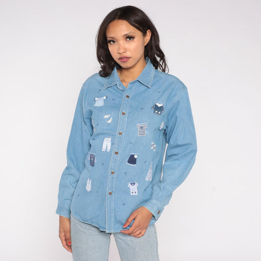 90s Gardy Teddy Bear Laundry Day Denim Shirt Blue Chambray Medium M