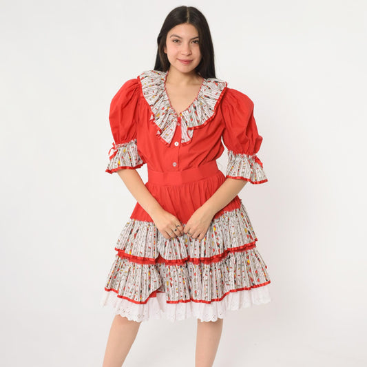 80s Red Puff Sleeve Two Piece Set Full Skirt White Eyelet Trim Medium