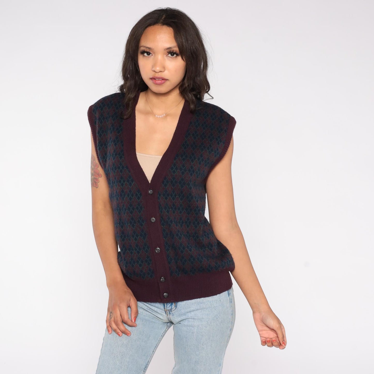 90s The Italian Sweater Co. Argyle Vest Burgundy Navy Green Wool Large L