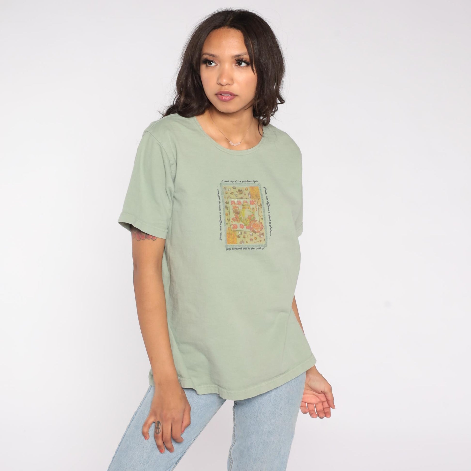 Y2K Sage Green Teapot Rose Graphic Tee Cotton Quote Print Small S
