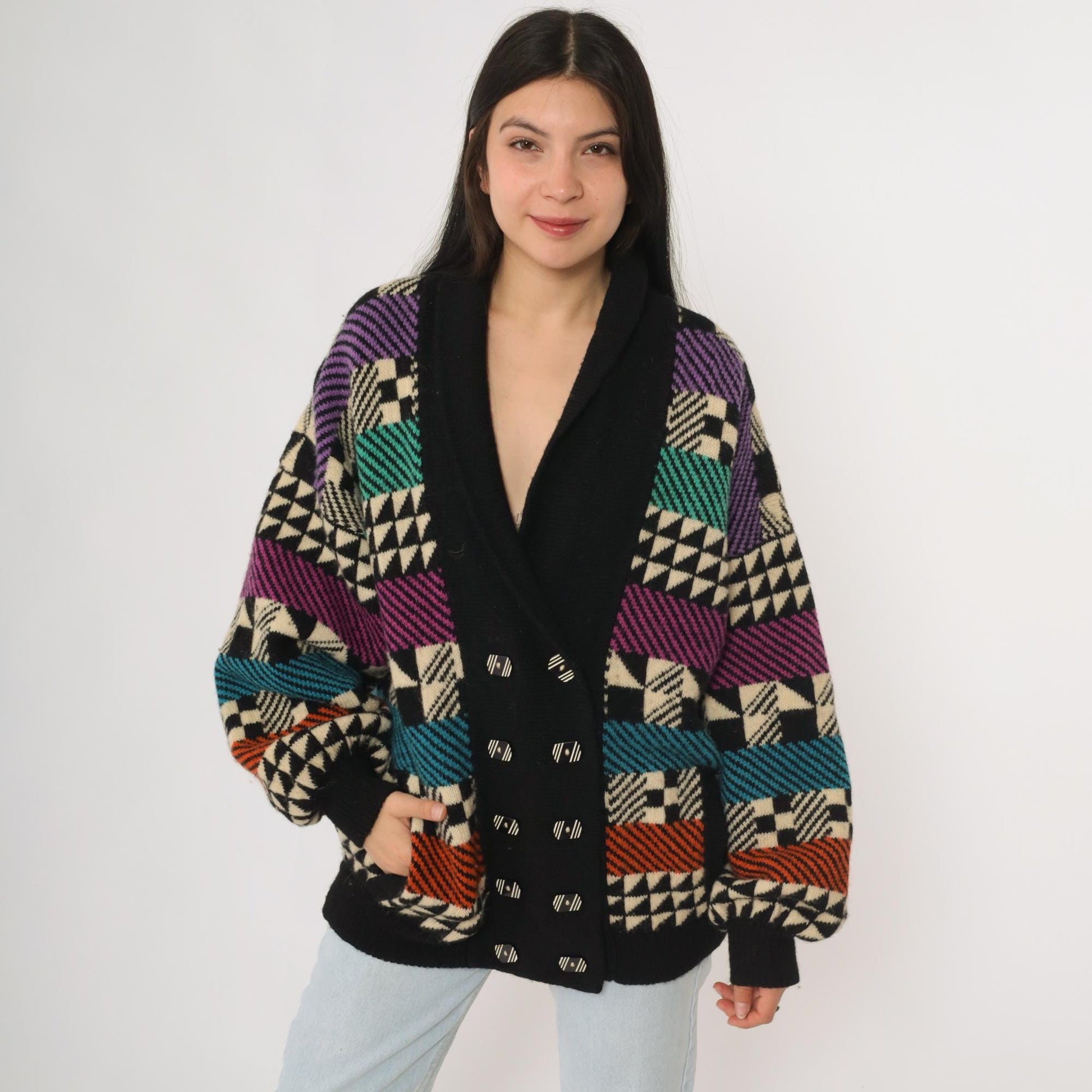 90s Kotki Dwa Wool Cardigan Black Abstract Geometric Purple Teal Orange Large L