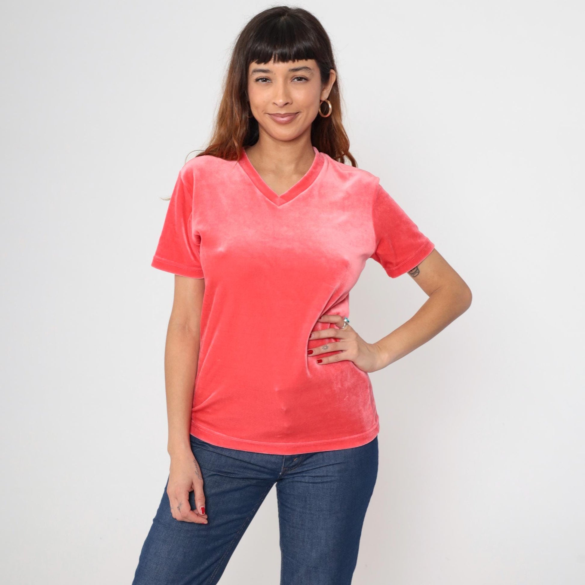 90s Coral Pink Velour V-Neck Short Sleeve Top Y2K Medium M