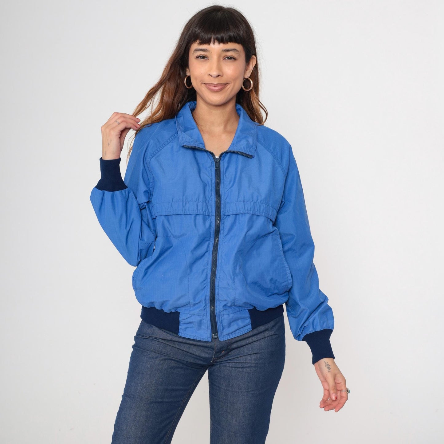 80s Royal Blue Windbreaker Jacket Raglan Sleeve Zip Up Medium M