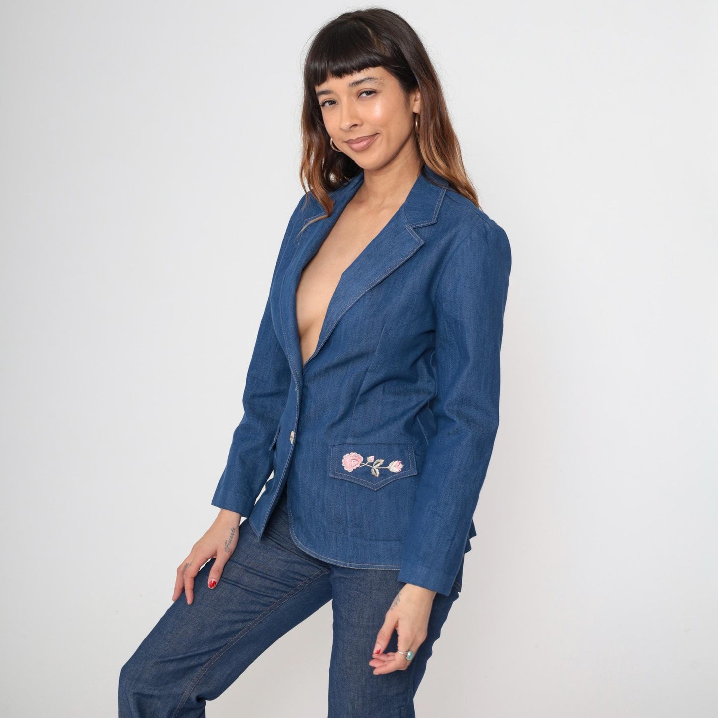 70s Embroidered Denim Blazer Pink Rose Floral Blue Jean Jacket Medium M