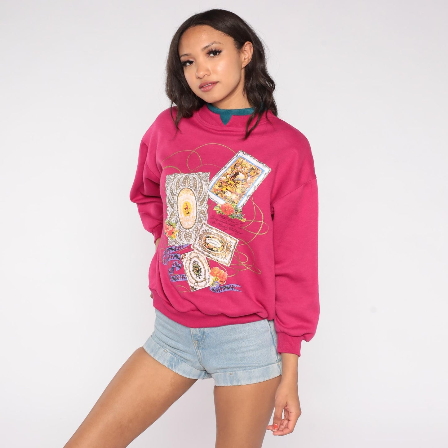 90s Nicco Victorian Floral Frame Sweatshirt Magenta Teal Mock Neck Medium M