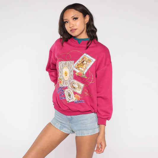 90s Nicco Victorian Floral Frame Sweatshirt Magenta Teal Mock Neck Medium M