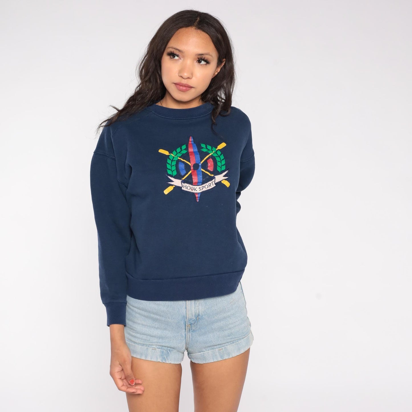 90s Hook Sport Rowing Crest Navy Sweatshirt Crossed Oars Graphic Large L