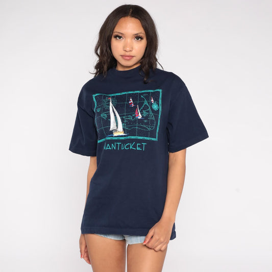 90s Singal Sports Nantucket Nautical Map Embroidered Tee Navy Large L