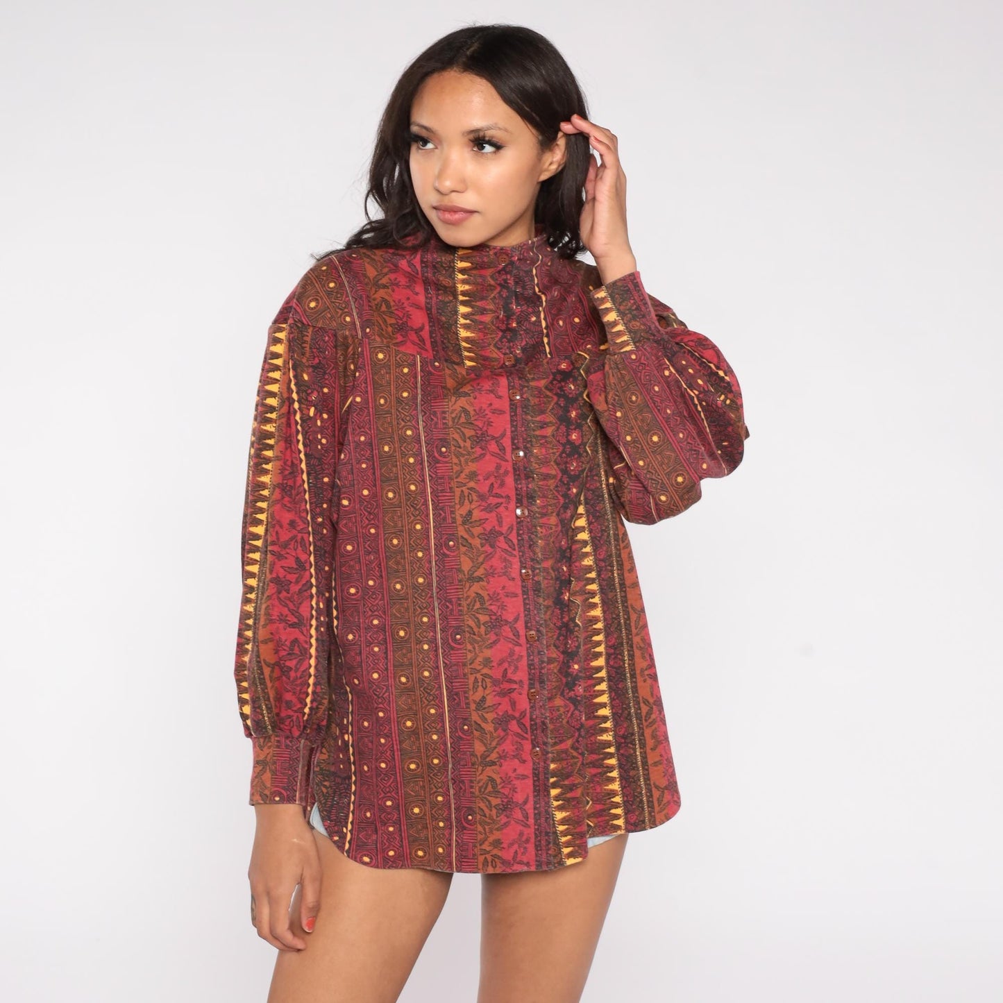 90s Mike & Me Moon Craft Burgundy Geometric Tribal Button Up Blouse One Size