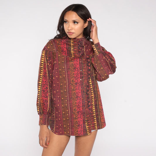 90s Mike & Me Moon Craft Burgundy Geometric Tribal Button Up Blouse One Size