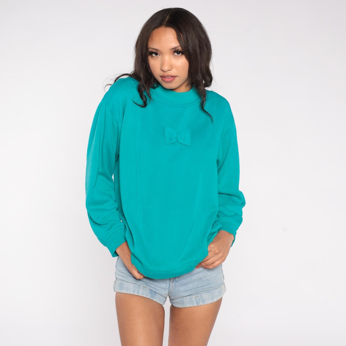 90s Teal Sweatshirt Bow Applique Mock Neck Pullover Medium M