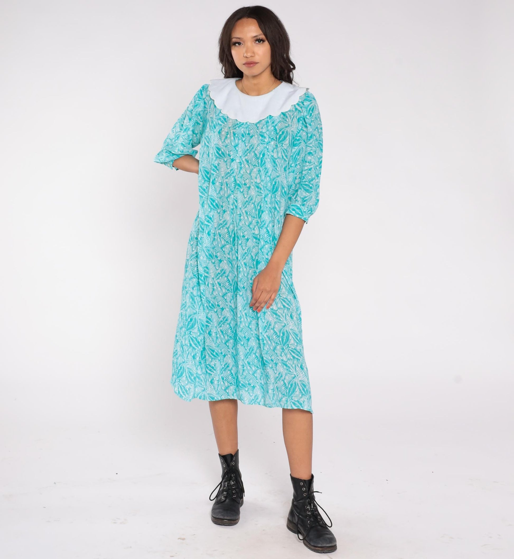 80s Kathryn & Co Leaf Print Midi Dress Teal Peter Pan Collar Puff Sleeve Medium